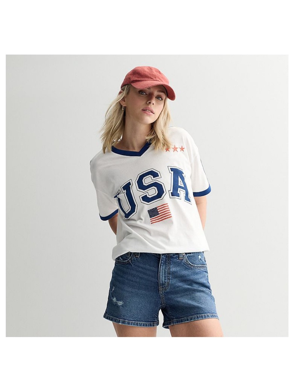 Hybrid Apparel USA Graphic Ringer Tee - White/Blue